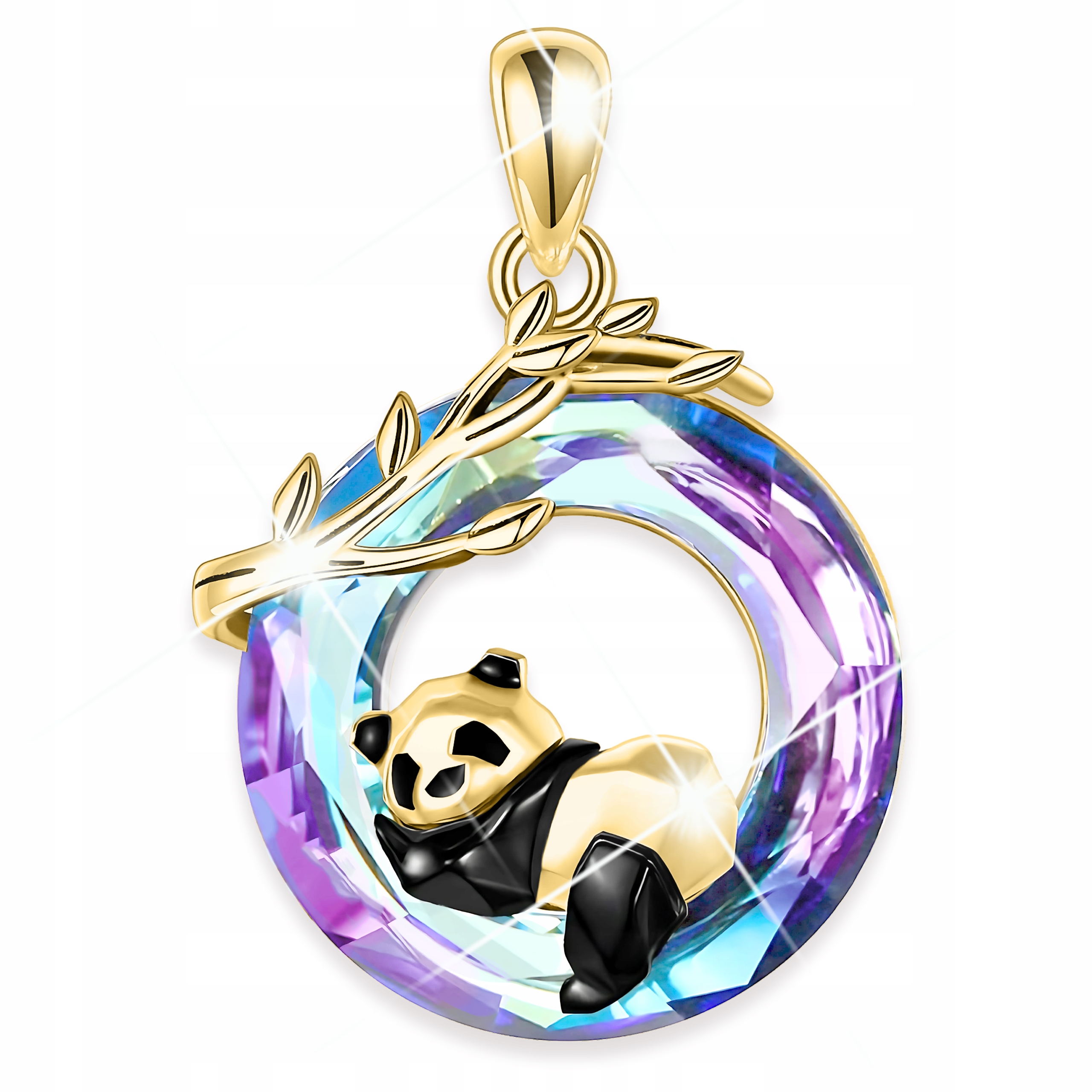 Zlatý přívěsek s řetízkem, velký barevný Křišťál s pandou Stříbro 925