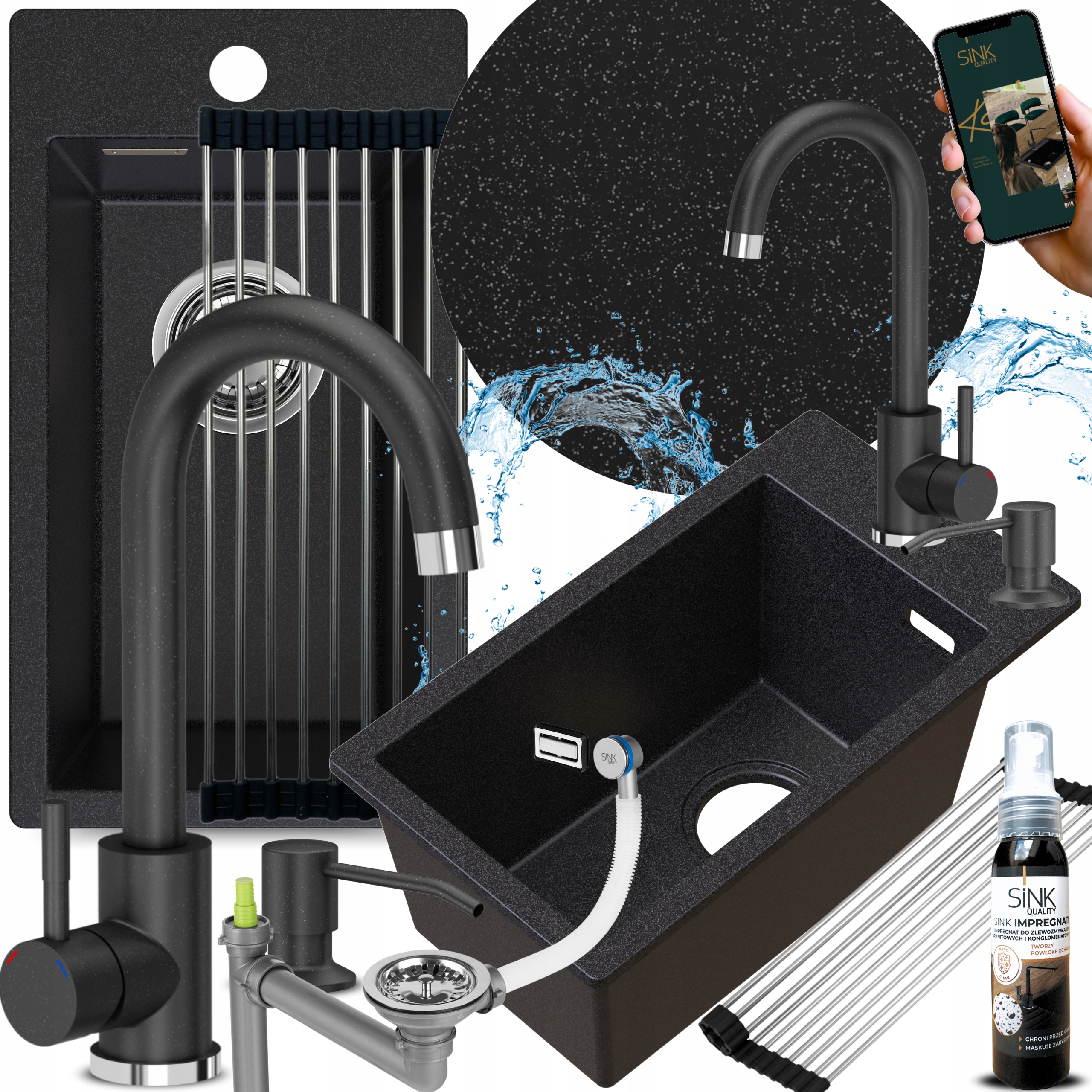 Jednokomorový granitový dřez s baterií Černý Skvrnitý Malý Úzký