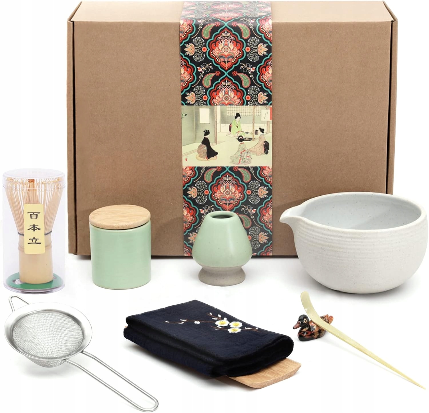 Japonský čajový set Matcha, miska s výlevkou, šlehací metla, lopatka