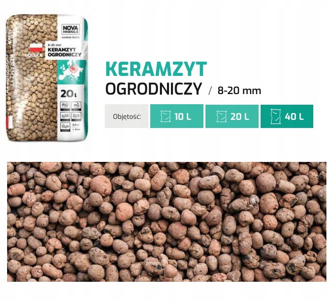 Keramzyt Ogrodniczy (8-20 mm) 40l DRENAŻ DODATEK Marka Nova Minerals