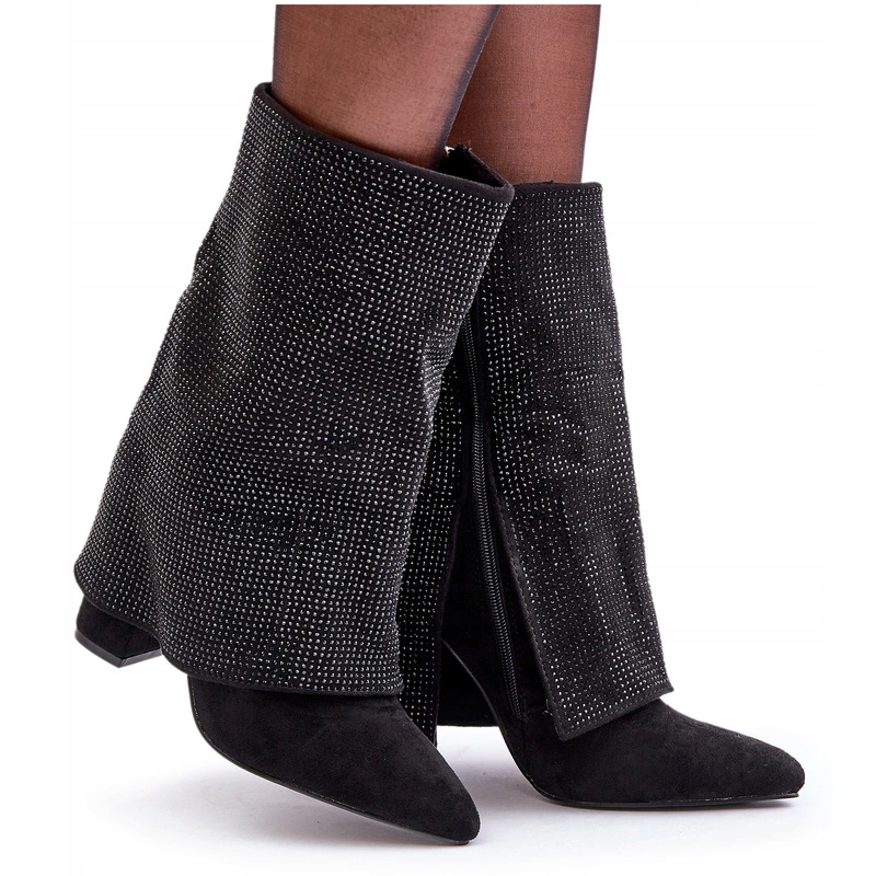 Kotníkové Boty Lesklé Vyvýšený Svršek Podpatek Sloupek Zirkony Černé 38