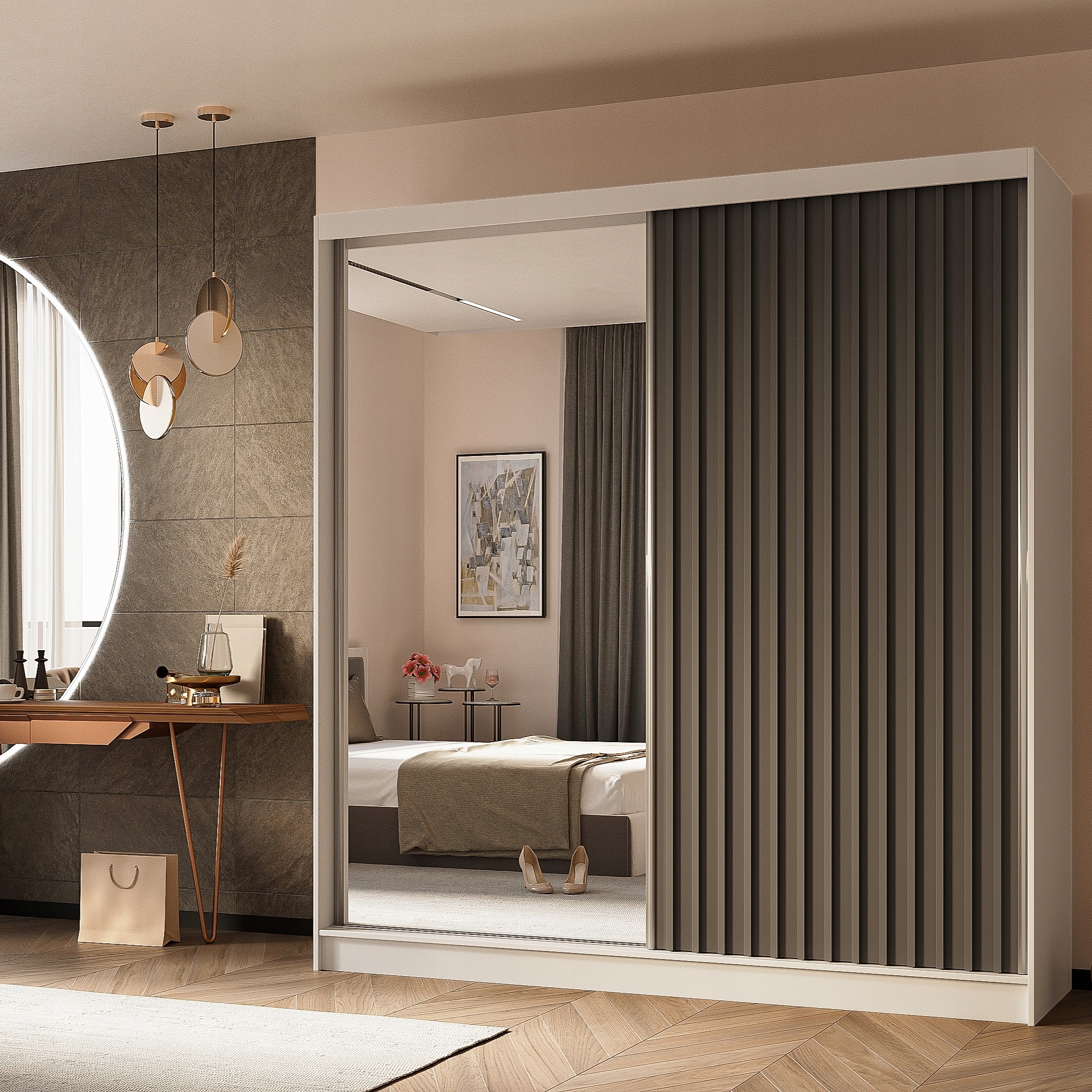 Skříň dvoudveřová Lamello 200 cm Skříň se zrcadlem Posuvná bílá