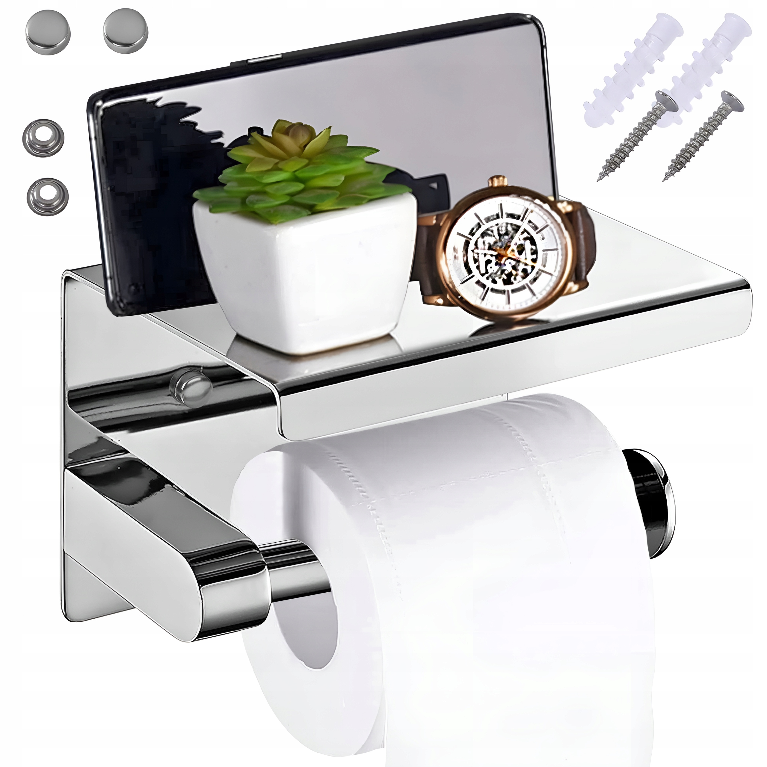 UCHWYT NA PAPIER TOALETOWY Z PÓŁKĄ CHROM SREBRNY METALOWY WIESZAK