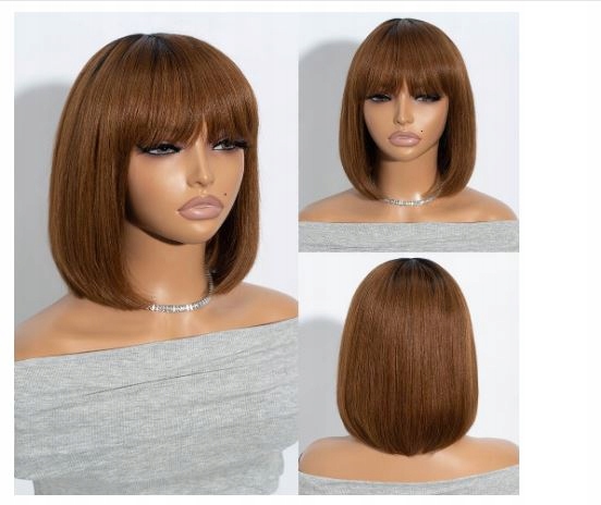 Joedir Peruka Włosy Ludzkie Bob z grzywką brąz z odrostem 25 cm TT1B