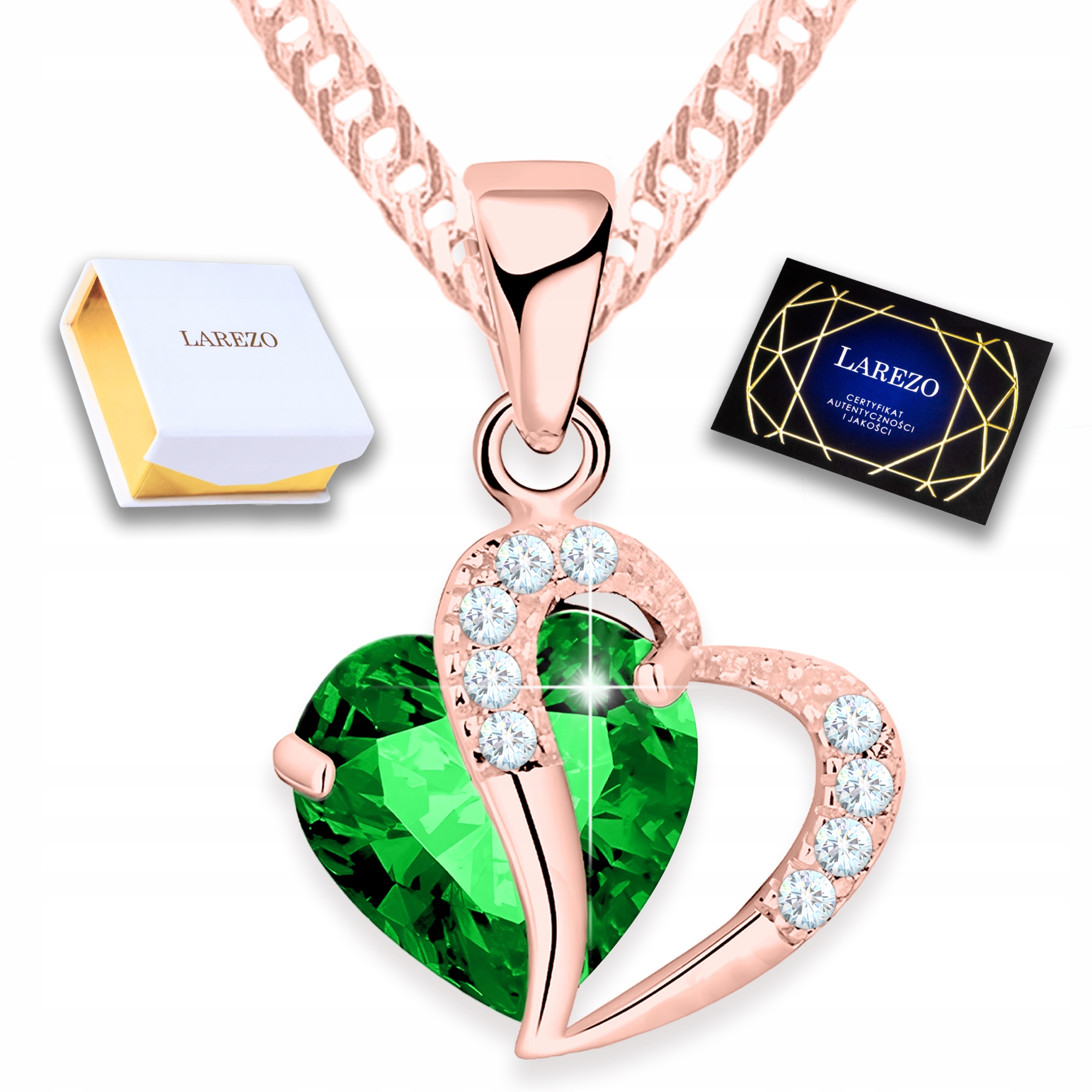 Náhrdelník Pozlacený Zelený Křišťál Dvě Srdce s Zirkony Stříbro 925