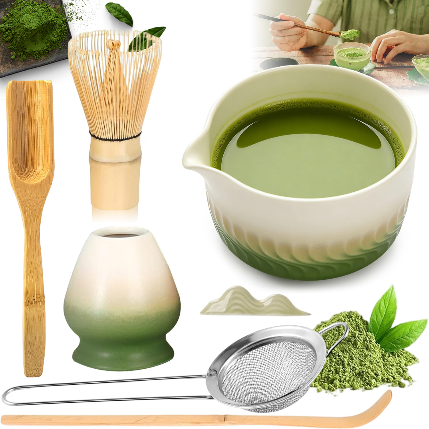 Zestaw Matcha 7 Elementy Tradycyjny Z Bambusa Naturalne Drewno Miotełka