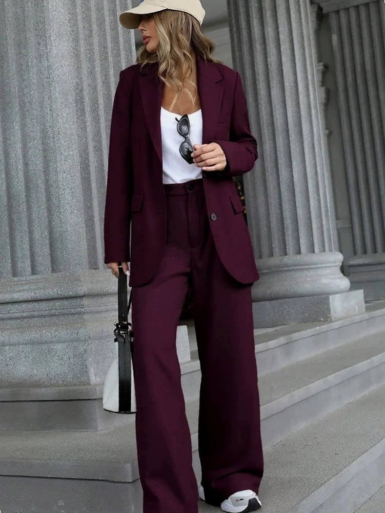 Dámský Oversize Oblek Elegantní Vínové Barvy Sako S Kalhotami Shein M