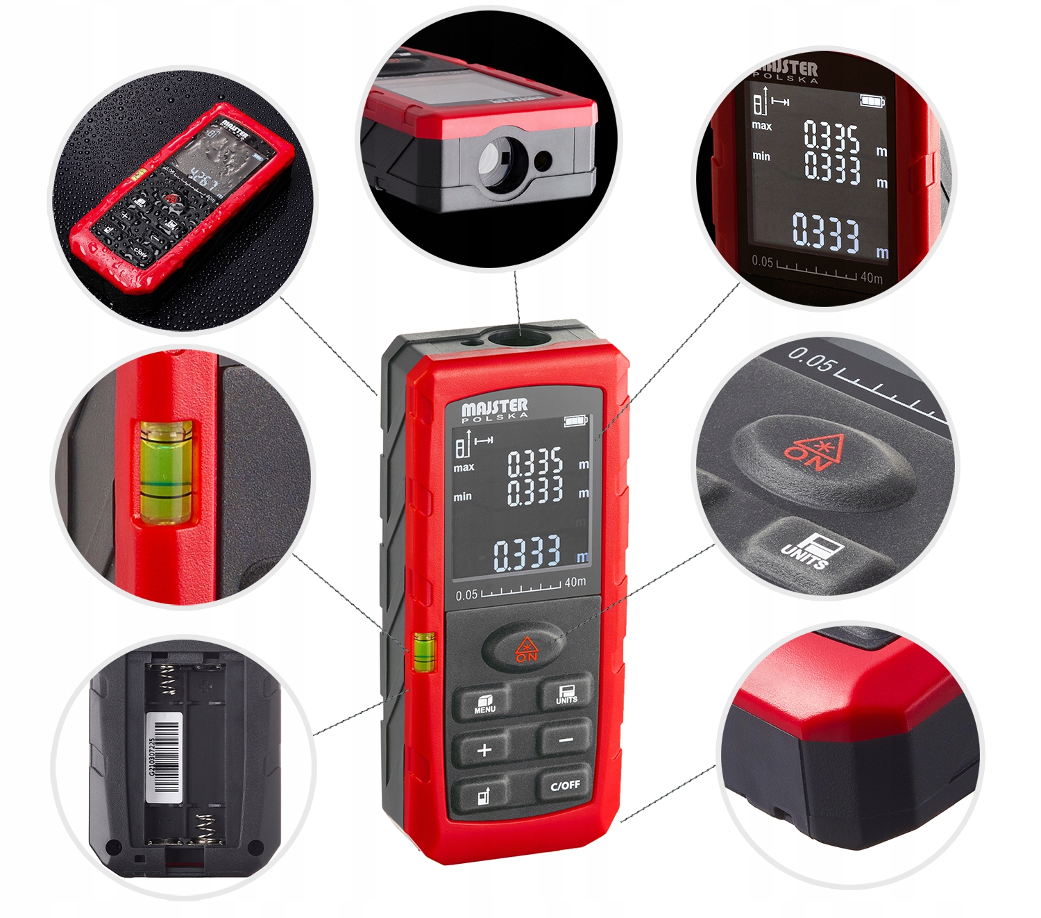 DALMIERZ LASEROWY 40M CYFROWY MIERNIK ODLEGŁOŚCI POZIOMICA LASEROWA MAJSTER Dokładność pomiaru (+/- mm) 1,5