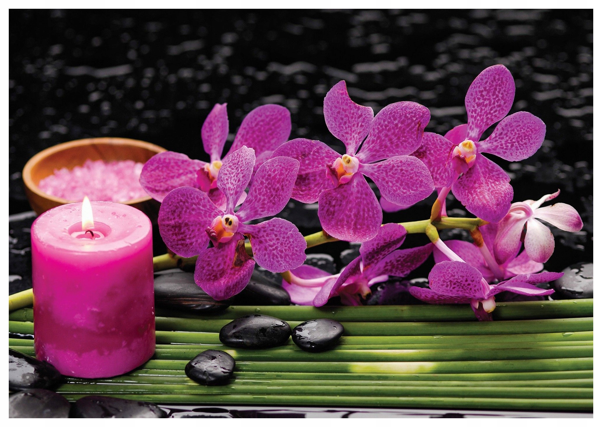 Vliesová fototapeta Orchideje svíčka kameny růžová relaxace 300x210 lepidlo