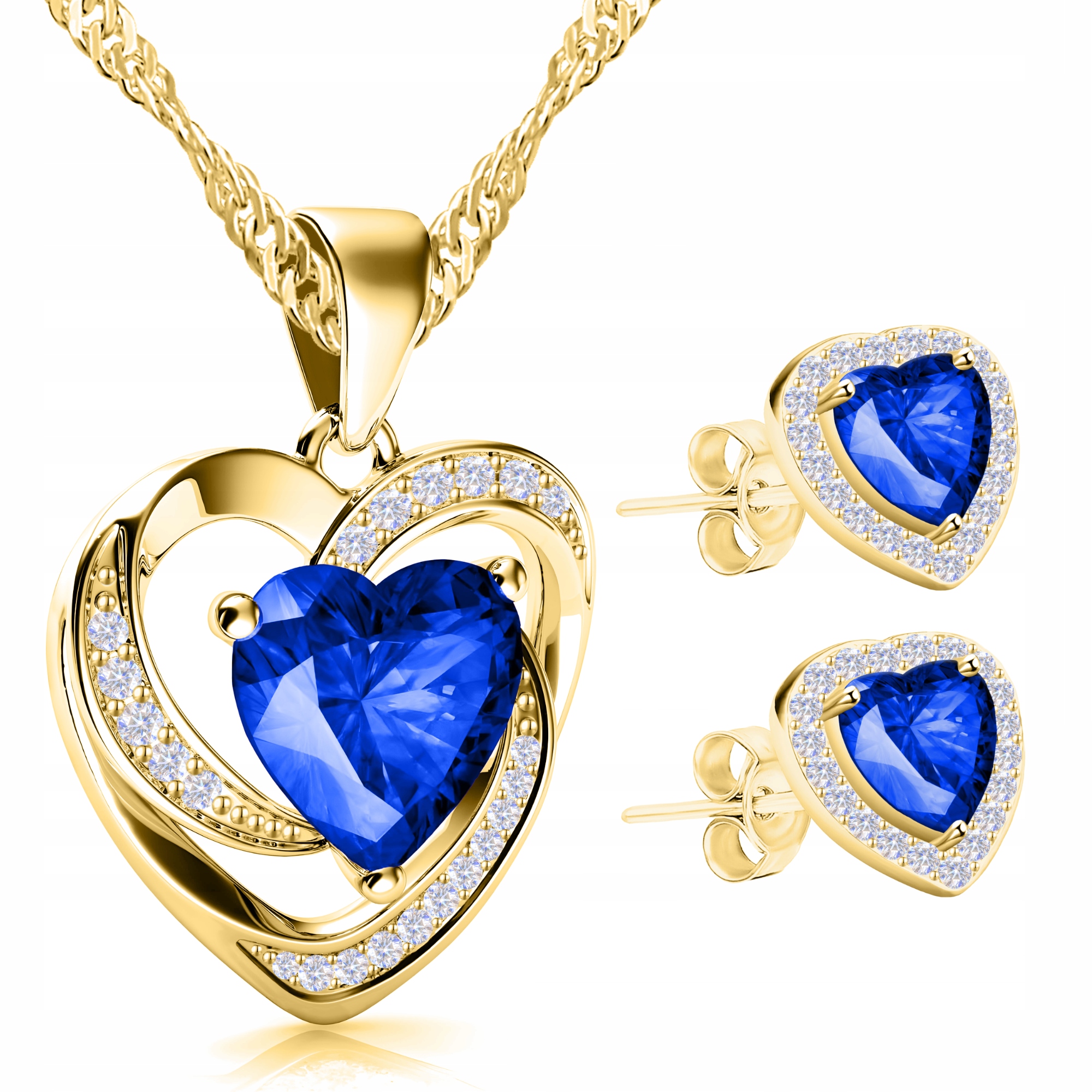 Zlatý set náhrdelníku a Náušnice 925 Modrá Srdíčka Pozlacená 585