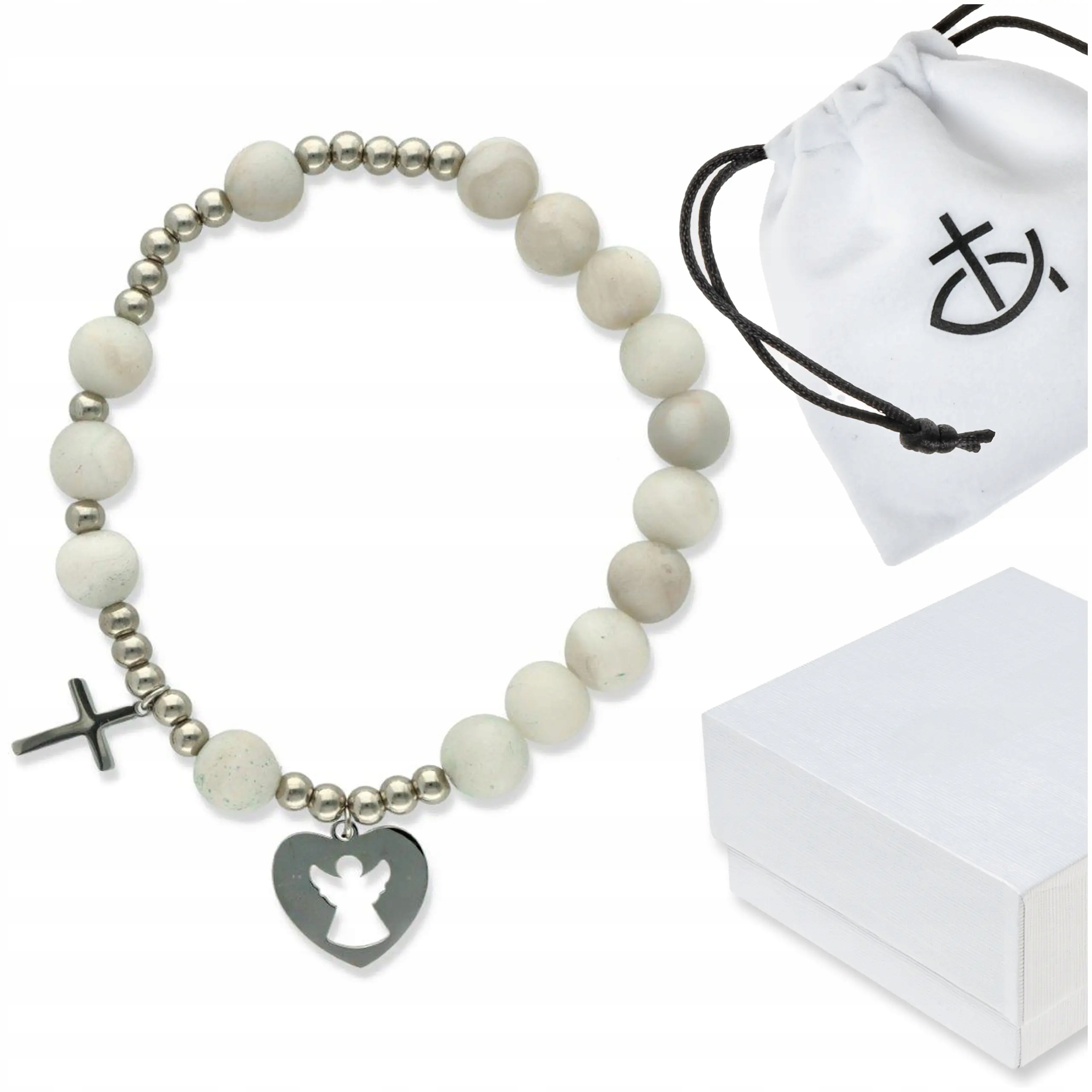Růženec náramek na ruku z kamenů achát bílý v krabičce na biřmování