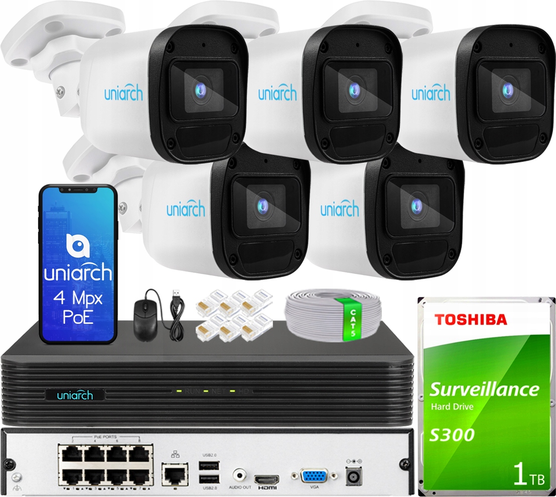 System Monitoringu 5 Kamer IP 4Mpx Do Rozbudowy Rejestrator 8CH PoE HDD 1TB