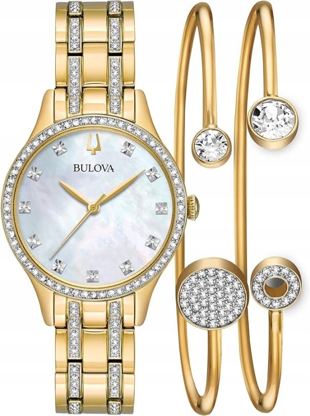 Zlaté Dámské Hodinky Bulova 98X119 Swarovski Dárková Sada 2 Náramky Sada