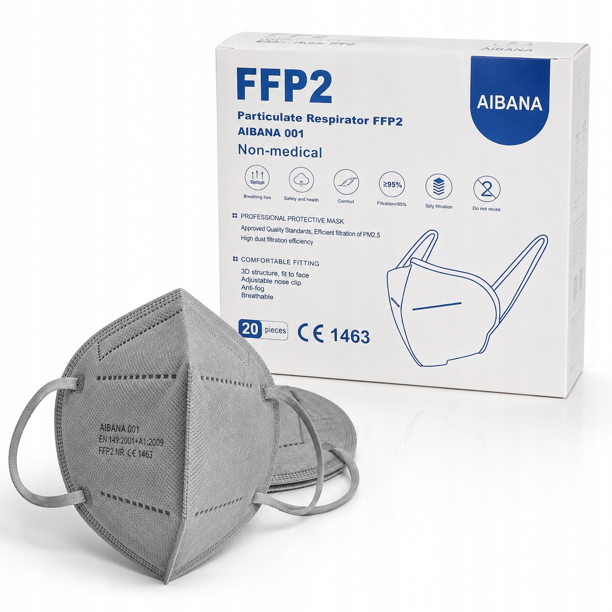 AIBANA ochranná maska FFP2 šedá, 20 ks