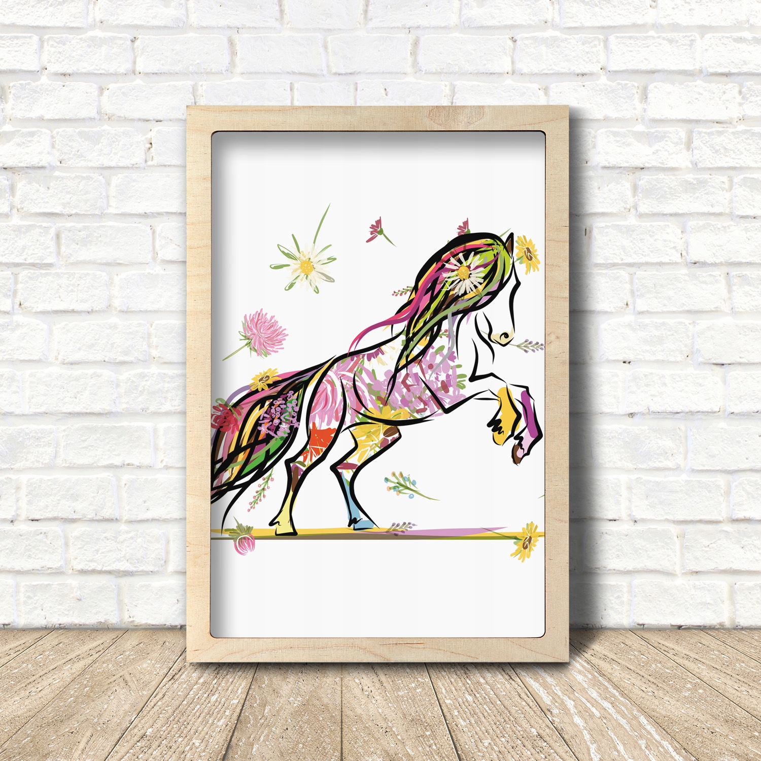 Obraz v dřevěném rámu Kůň květiny grafika 35x55