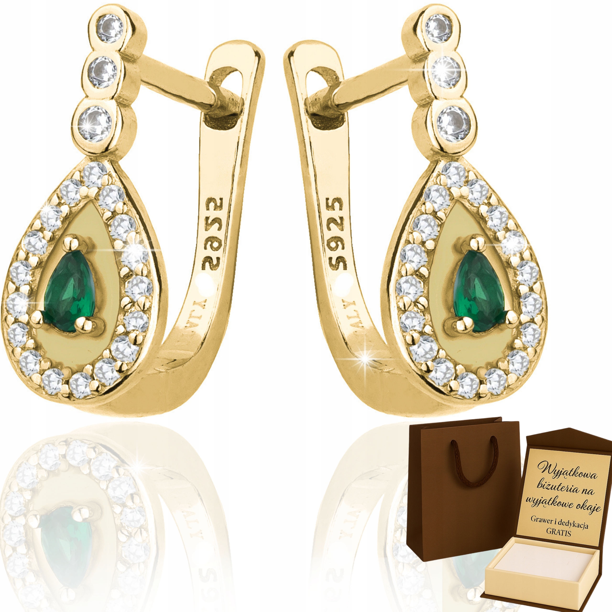 Zlaté Dámské Náušnice Zirkony Zelená Kapka, Pr 585/925 Gravírování Dárek