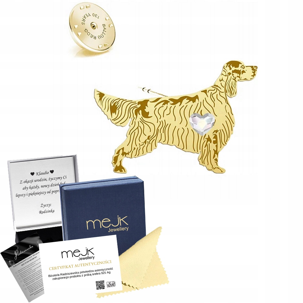 Odznak se psem Seter Anglický Stříbro 925 Pin Dárek Dedikace Bonus