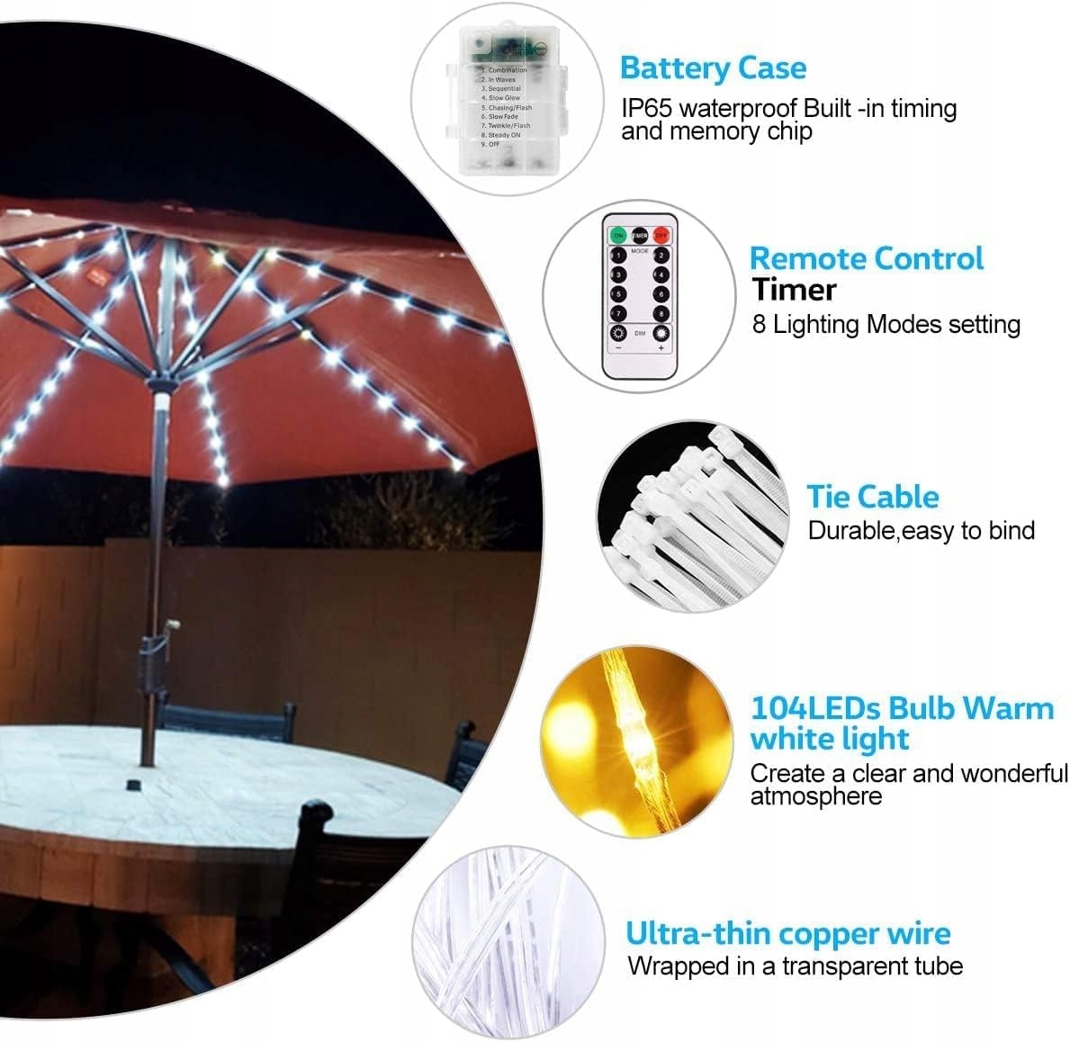 SONNENSCHIRMBELEUCHTUNG Lampa LED Do Parasola Ogrodowego IP68 8x13m 3000K — miniatura 5