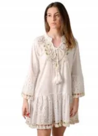 Lula natura Šaty v boho stylu 100% bavlna bílá/béžová one size 3/4 rukáv