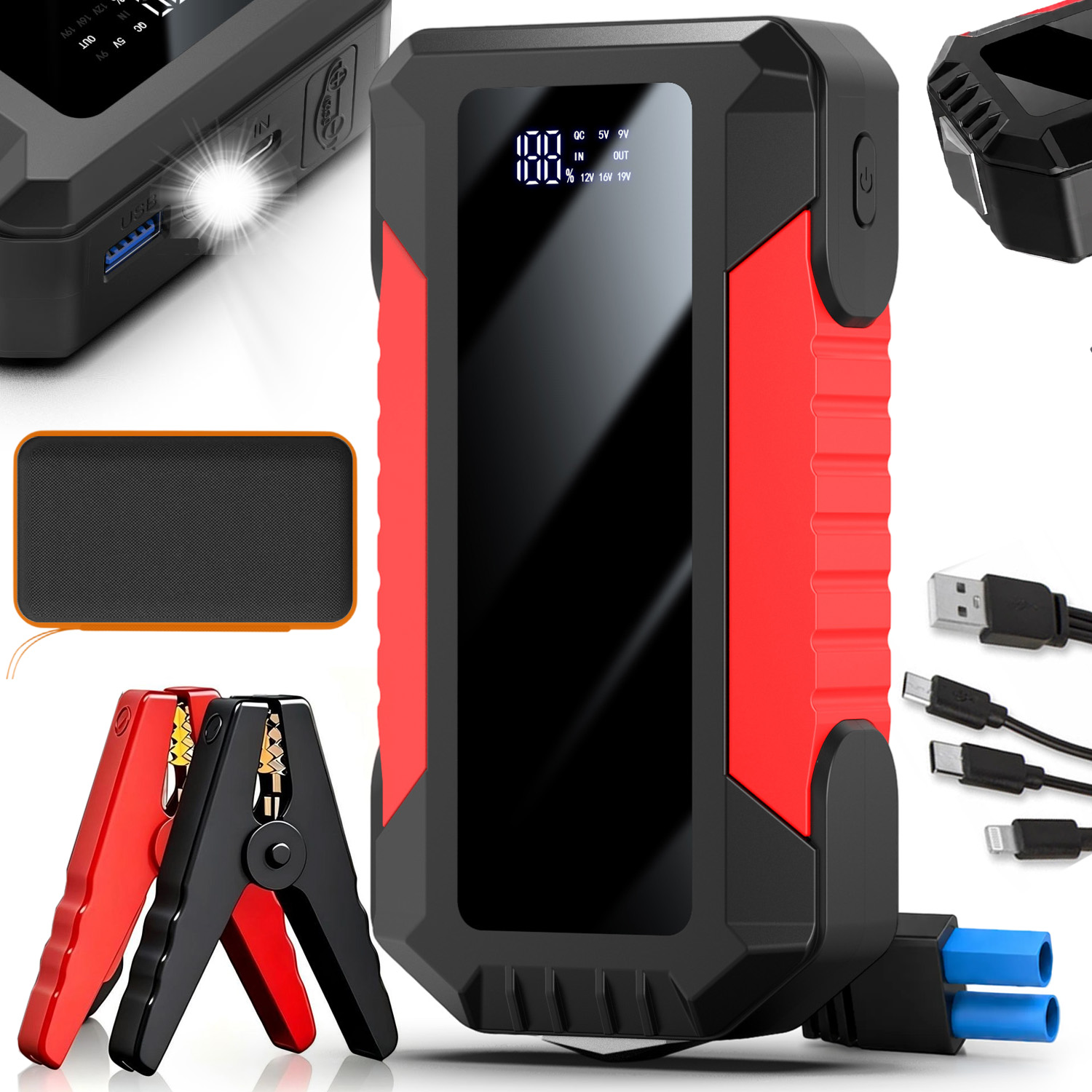 Jump Starter Start Booster Powerbank Výkonný Svítilna Kladivo Sada 8000MAH