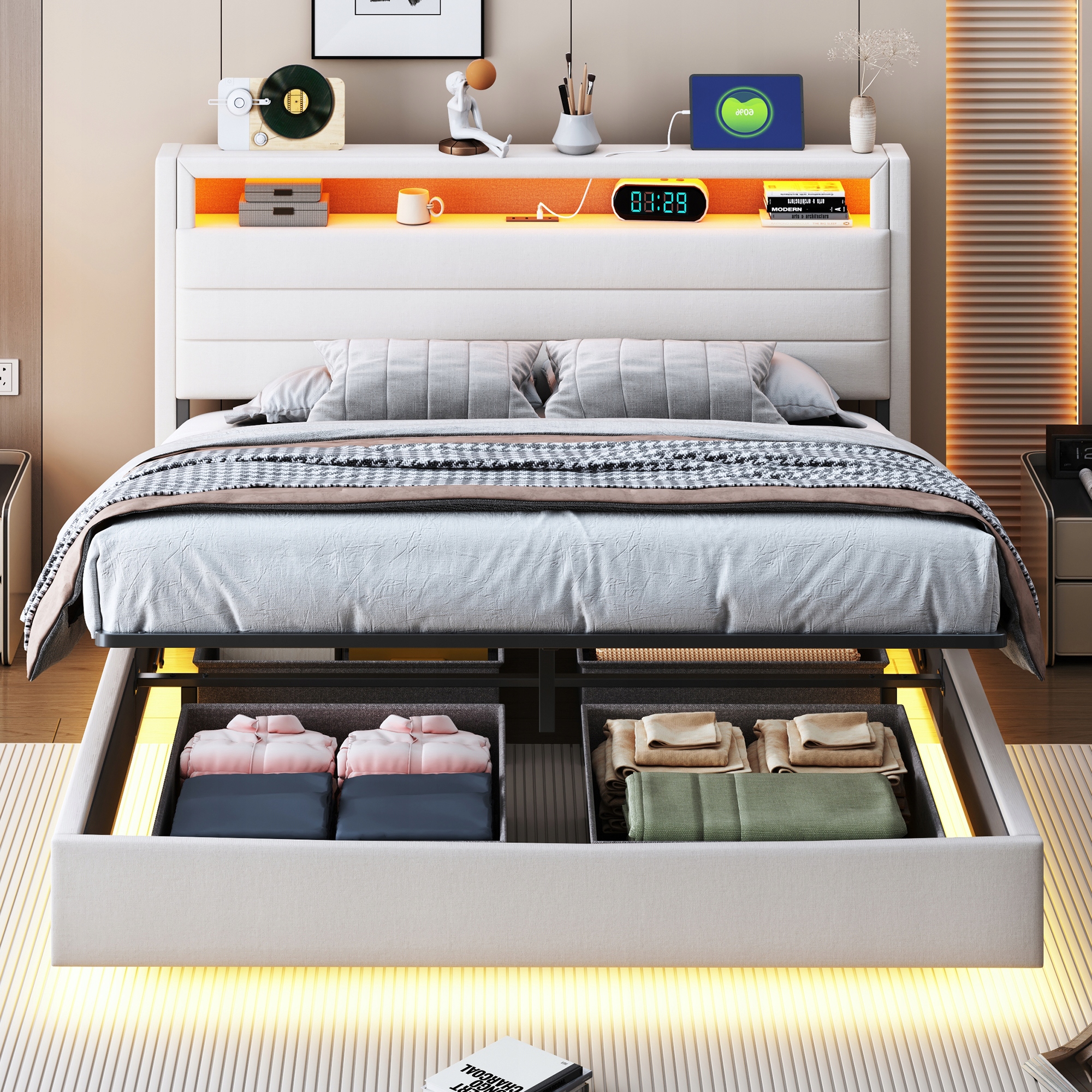 Čalouněná postel 140 x 200 cm Hydraulické plovoucí lůžko Led Usb béžová