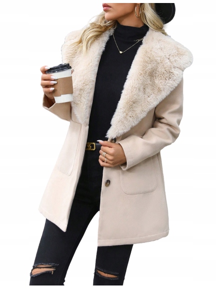 ELEGANCKI PŁASZCZ ZIMOWY DAMSKI JESIENNY OCIEPLANY Z FUTERKIEM CIEPŁY