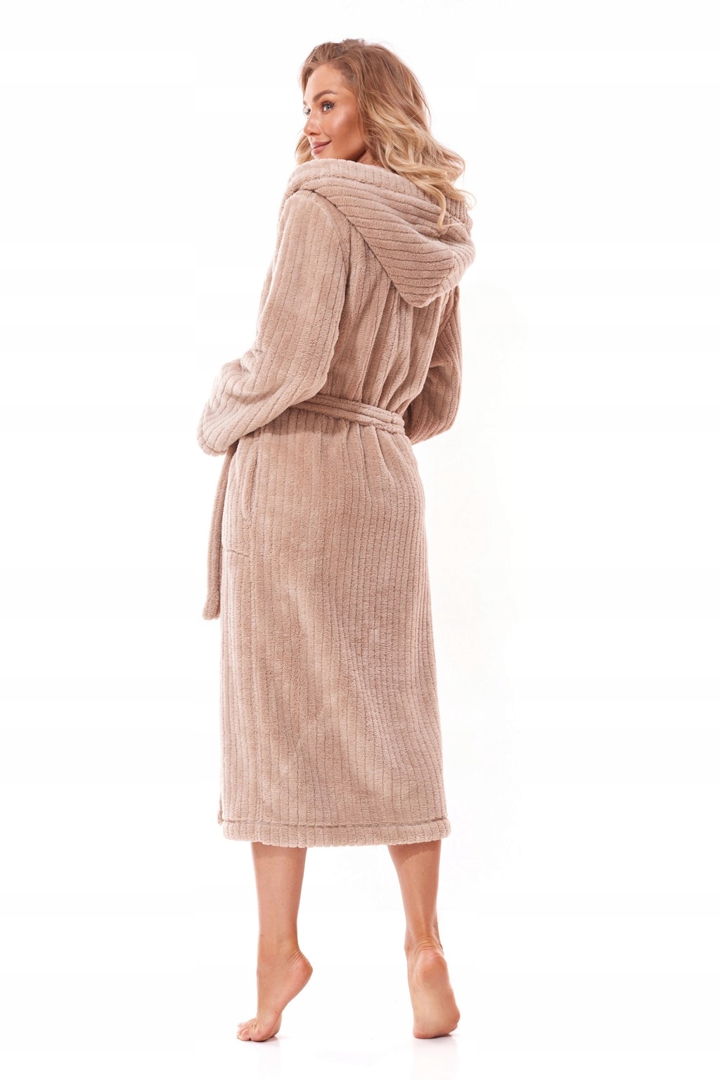 Ciepły SZLAFROK DAMSKI W PRĄŻKI L&L BEŻOWY 12313 L Kolekcja L&L