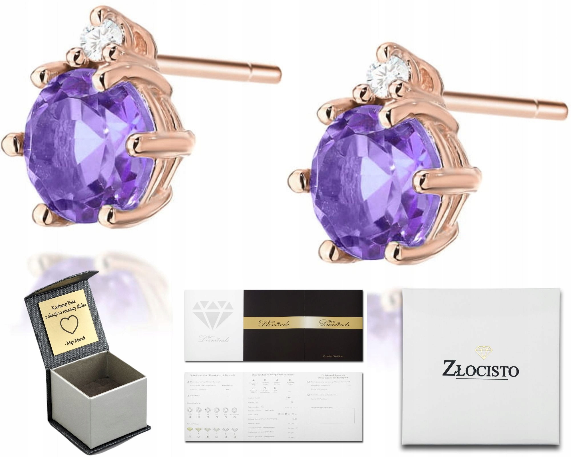 Náušnice S Diamanty Přírodní Kámen Ametyst Brilianty Tyčinky Jako Dárek