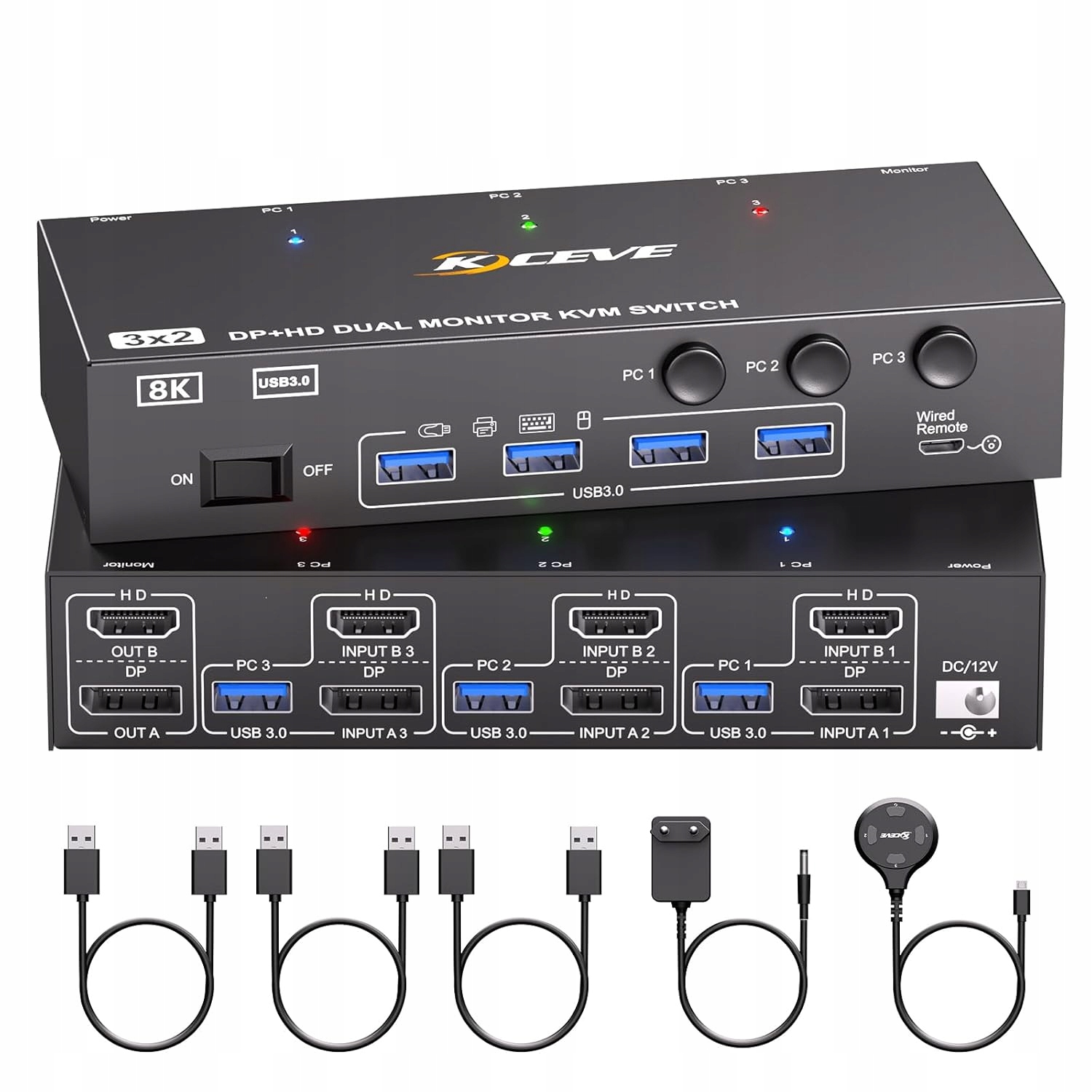 Przełącznik KVM 3 komputery 2 monitory KCEVE KVM302DH DP HDMI USB 3.0 8K@30