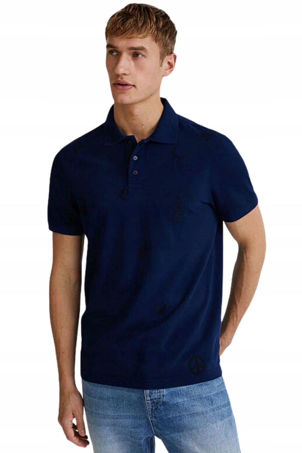 Tričko pánské Desigual bavlněné polo tmavě modré se symboly vel. S