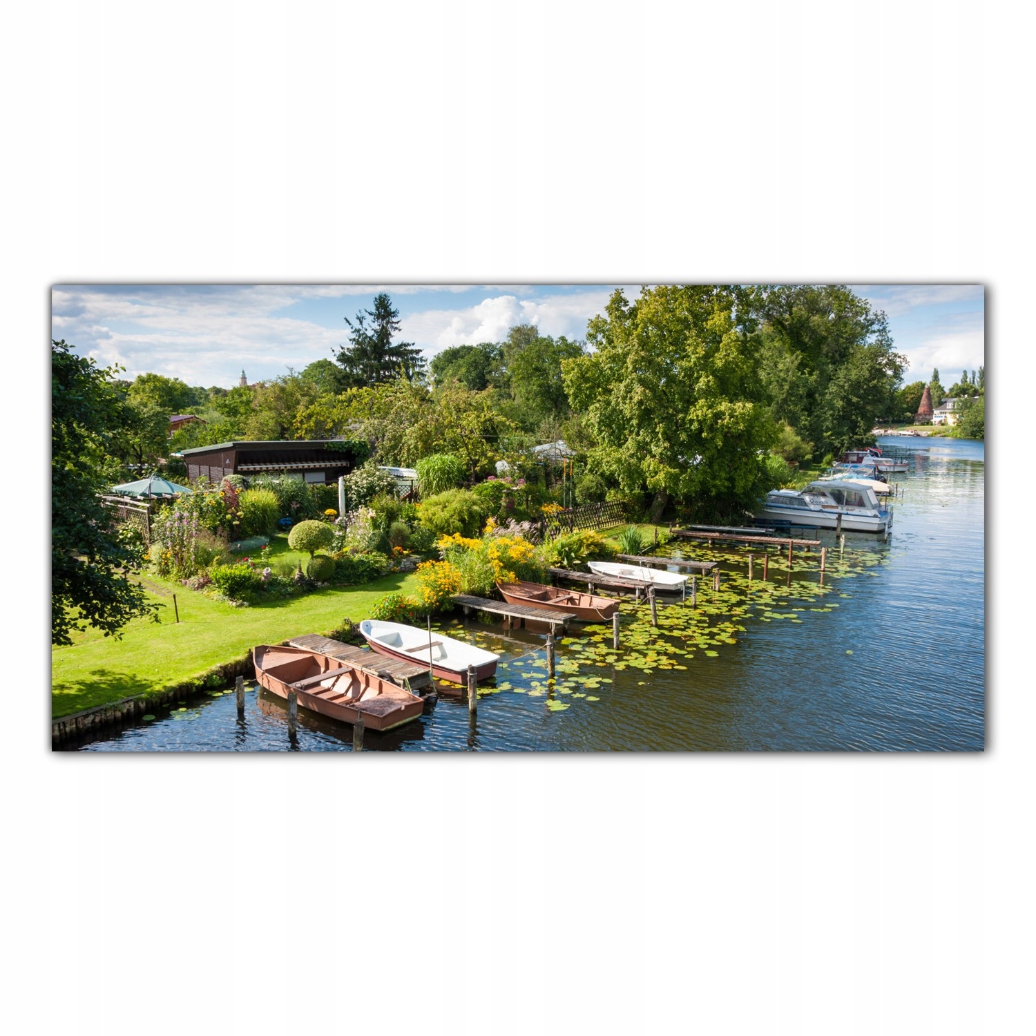 

Obraz na szkle Foto Ogród Kanał Łódka Molo 120x60