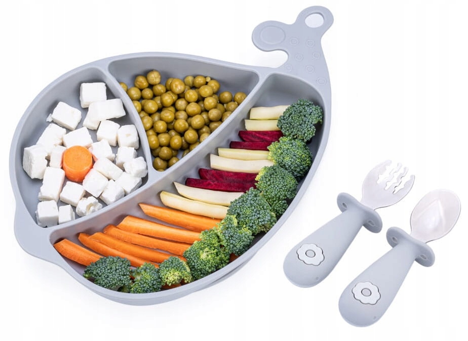 SILIKONOWY TALERZYK Z PRZYSSAWKĄ + SZTUĆCE SZARY