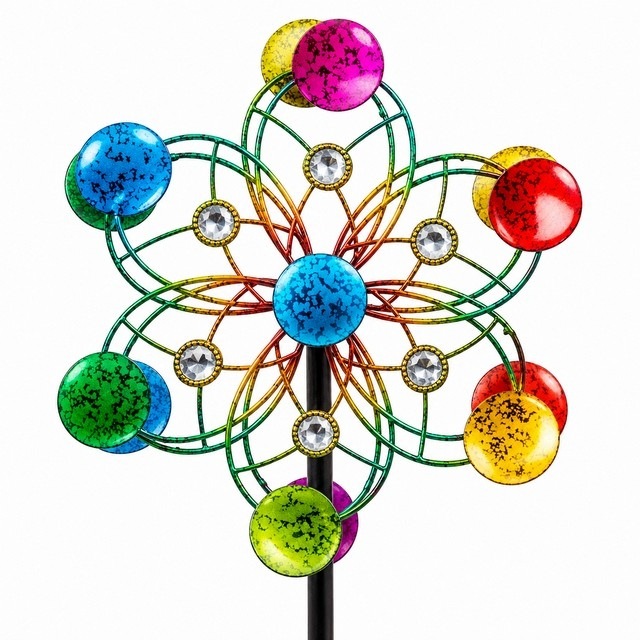 Spinner zahradní větrný kovový dekorativní, výška 91 cm, 2 kolečka, barevný