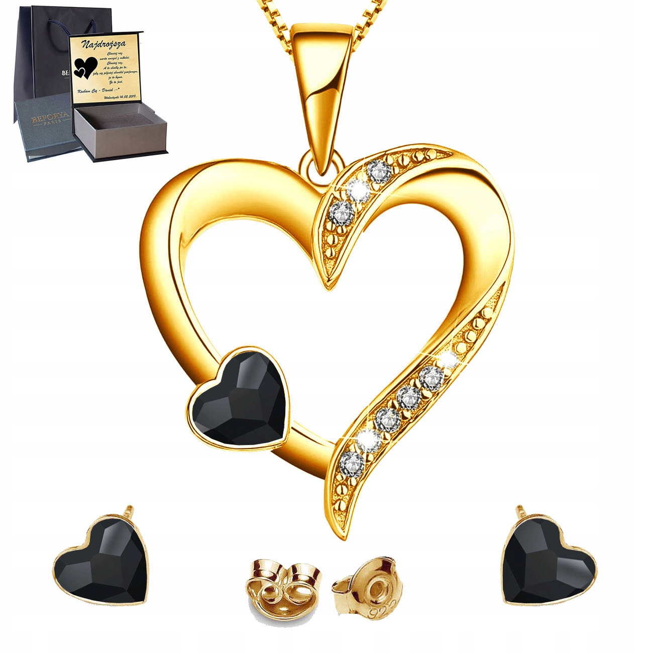 Pozlacený komplet šperků Stříbro 925 Náhrdelník Náušnice Narozeniny Gravírování