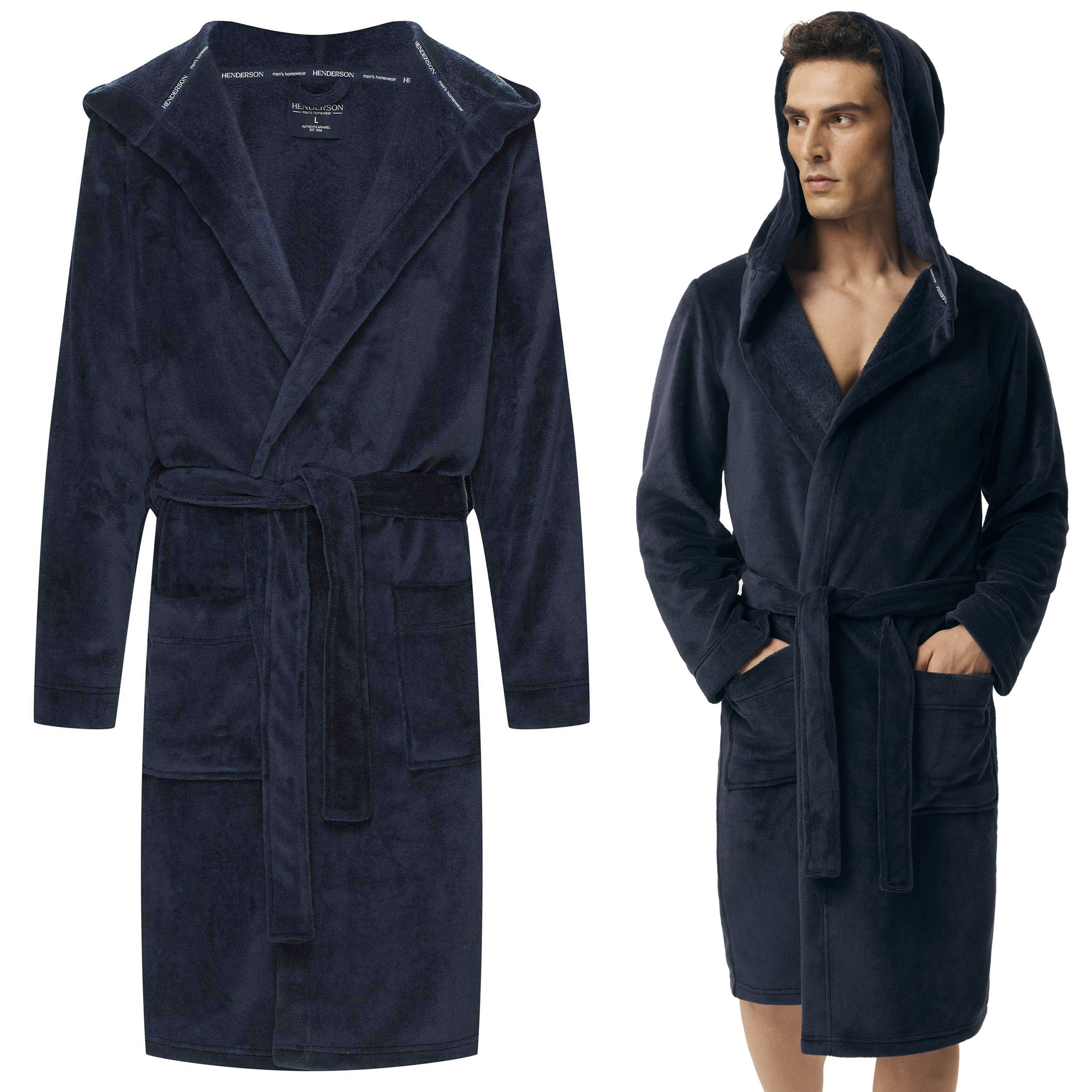 Pánský župan Henderson Elegantní Dlouhý S Páskem a s kapucí XL