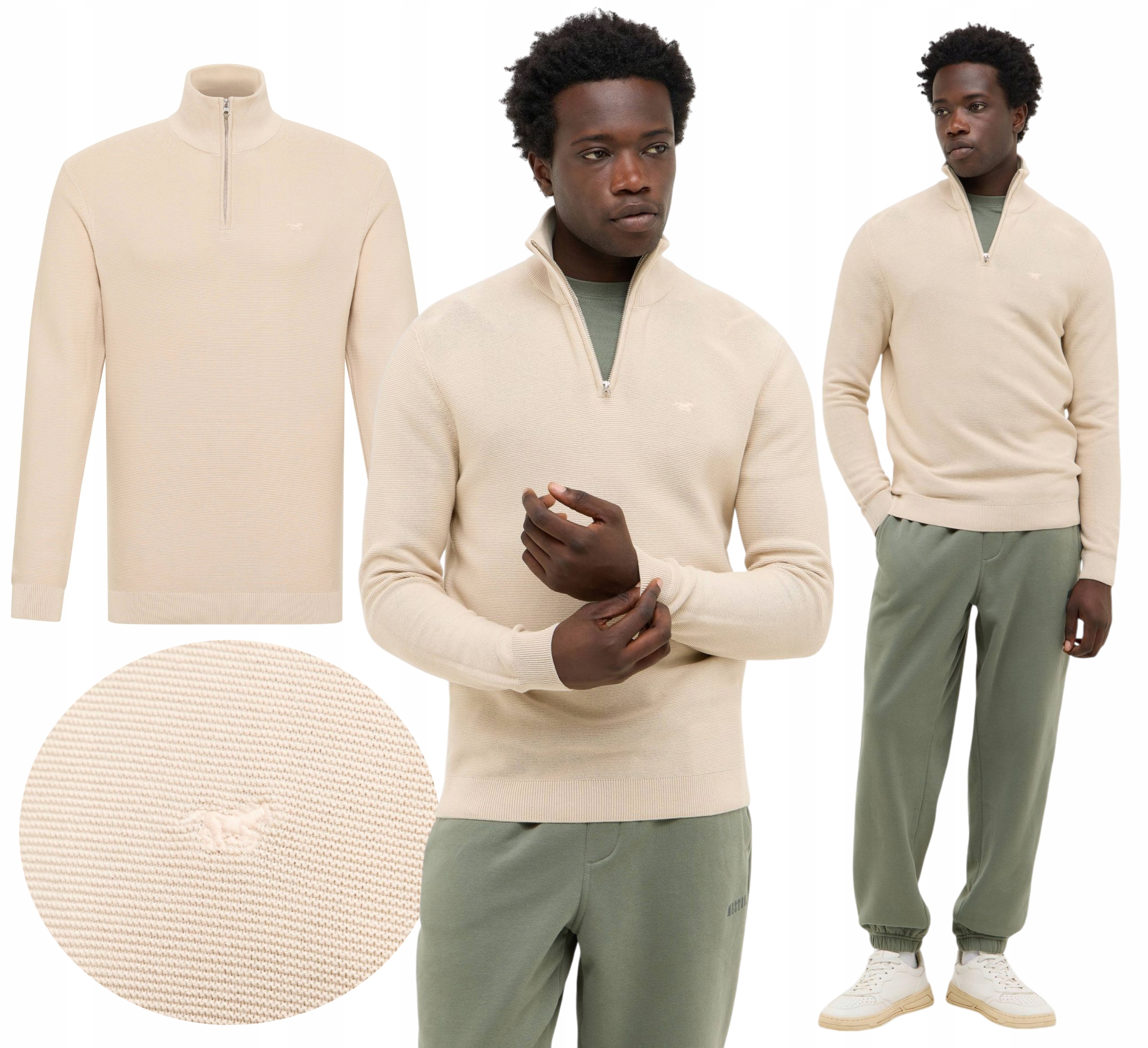 Pánský svetr Mustang Bavlna se stojáčkem na zip Everett s logem, béžový, velikost L