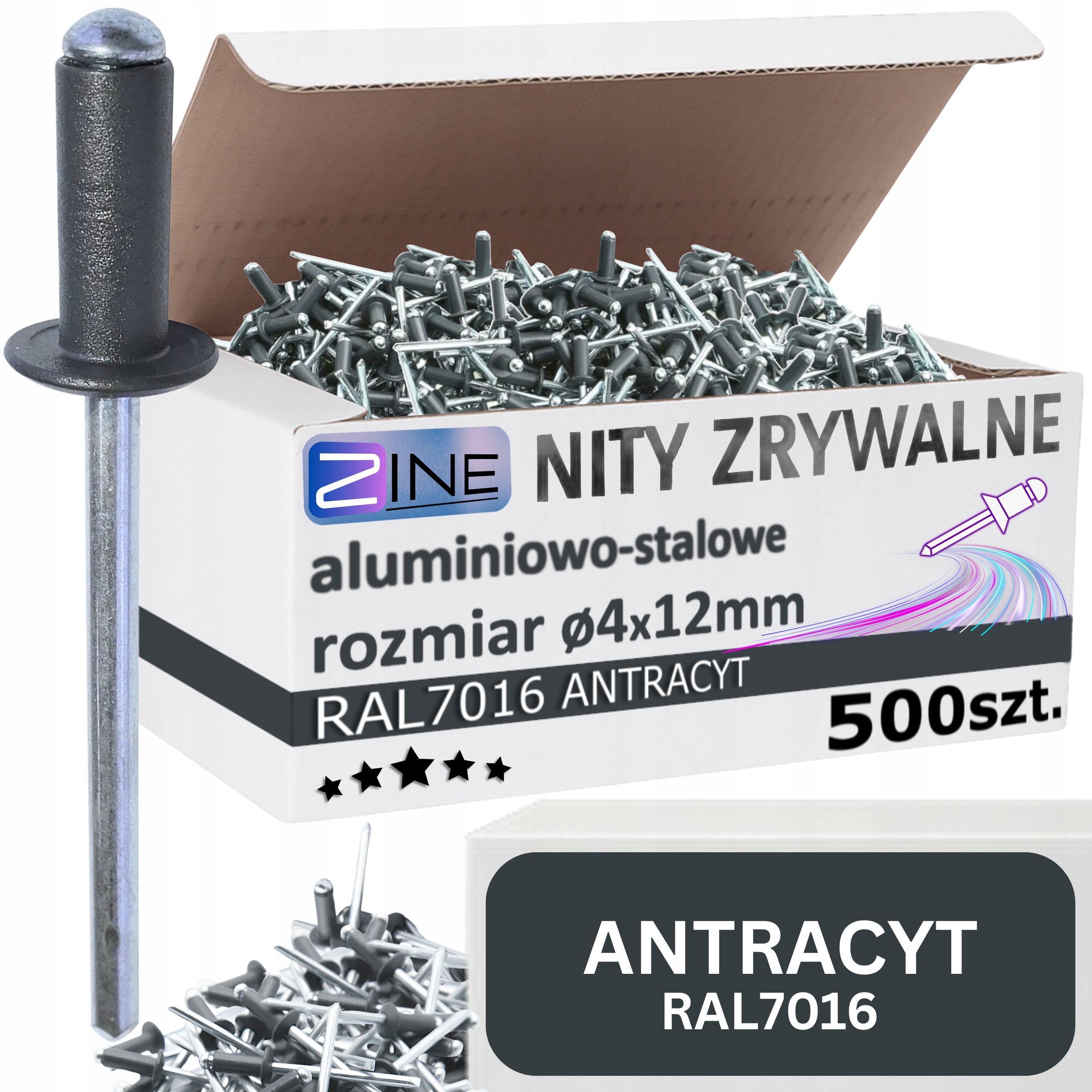 Nity Zrywalne 4x12mm Antracyt Kolor Ral 7016 Szary Grafit Zine 500 sztuk