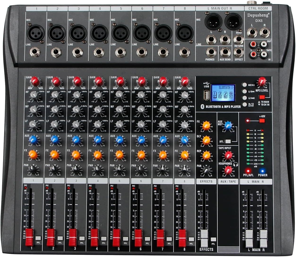 Depusheng DX8 8kanálový audio mixážní pult, Usb, Bluetooth, 48V Phantom
