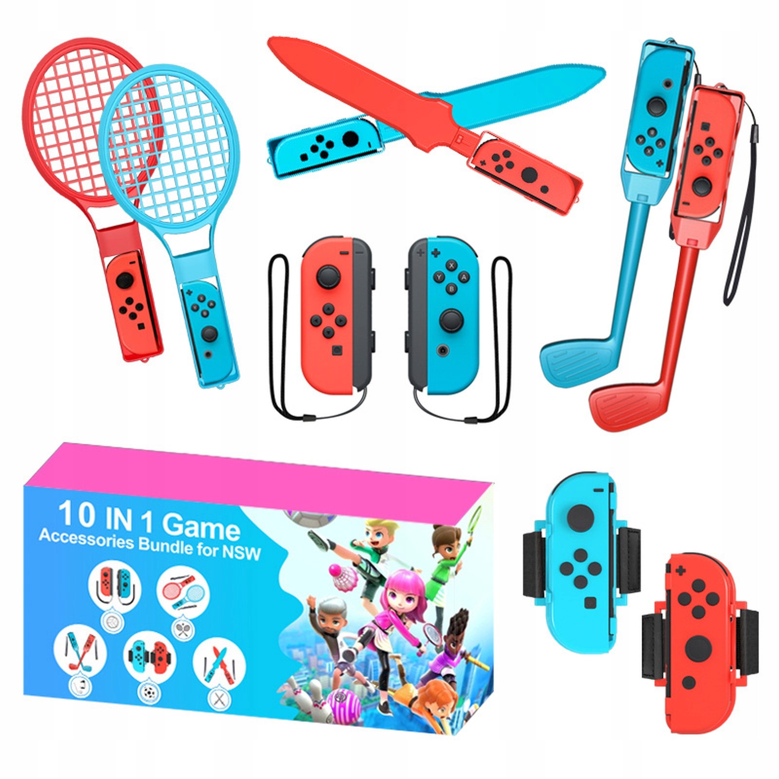 Pakiet 10w1 akcesoriów sportowych do Nintendo Switch czerwony/niebieski