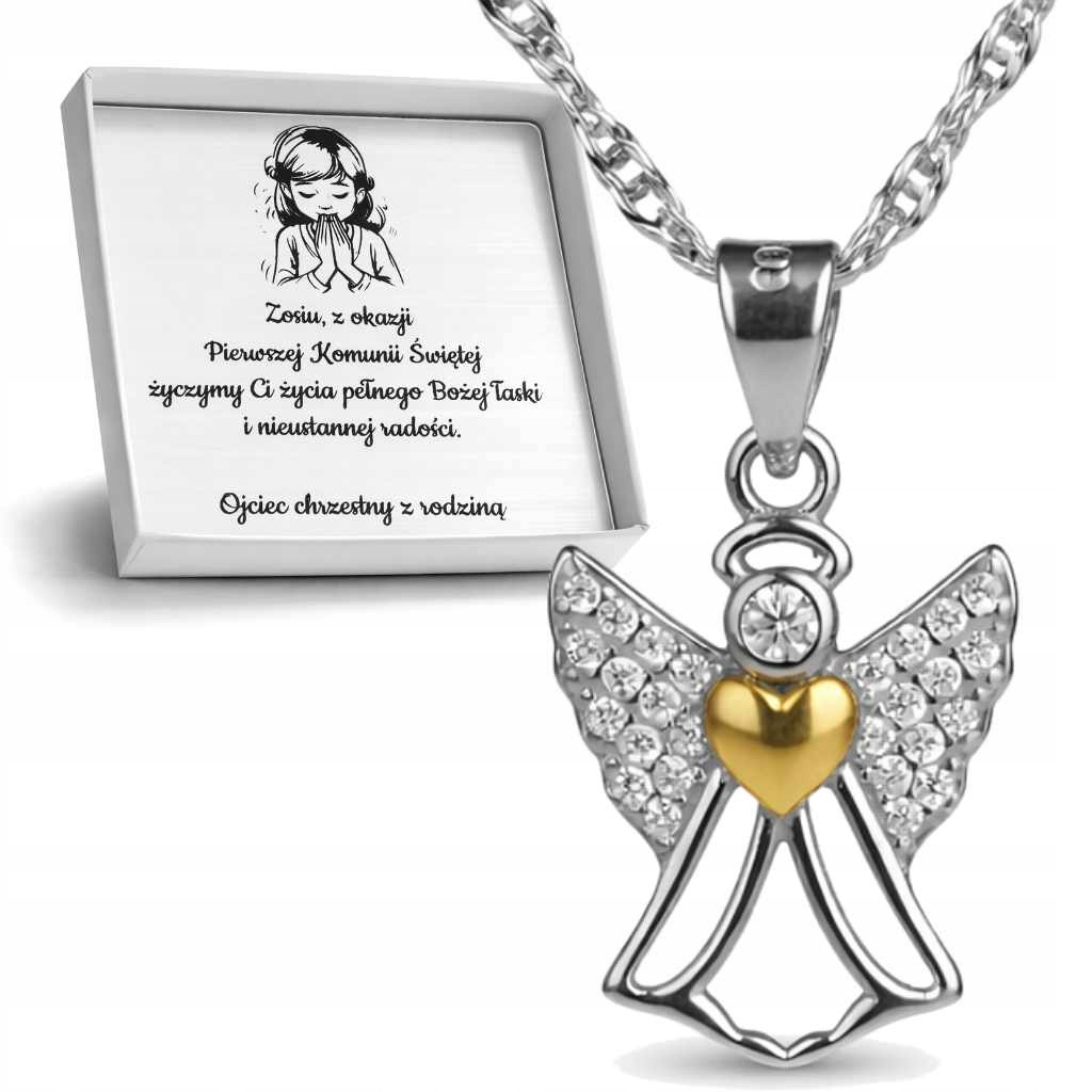 Stříbrný 925 rhodiovaný náhrdelník s andělem a srdcem Svaté Přijímání