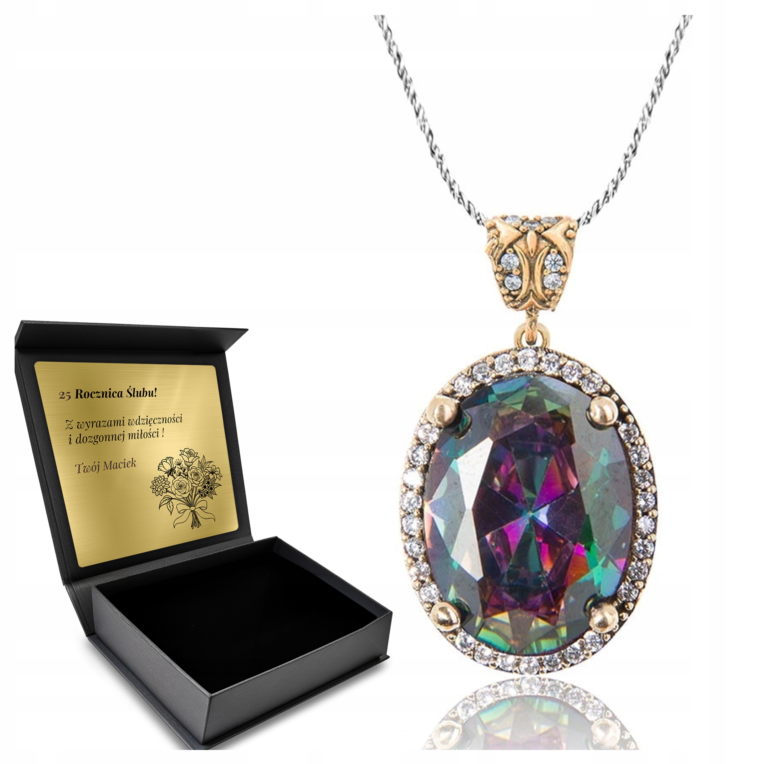 Stříbrný Náhrdelník 925 Se Zirkony A Topazem Dárek pro ženu Gravírování