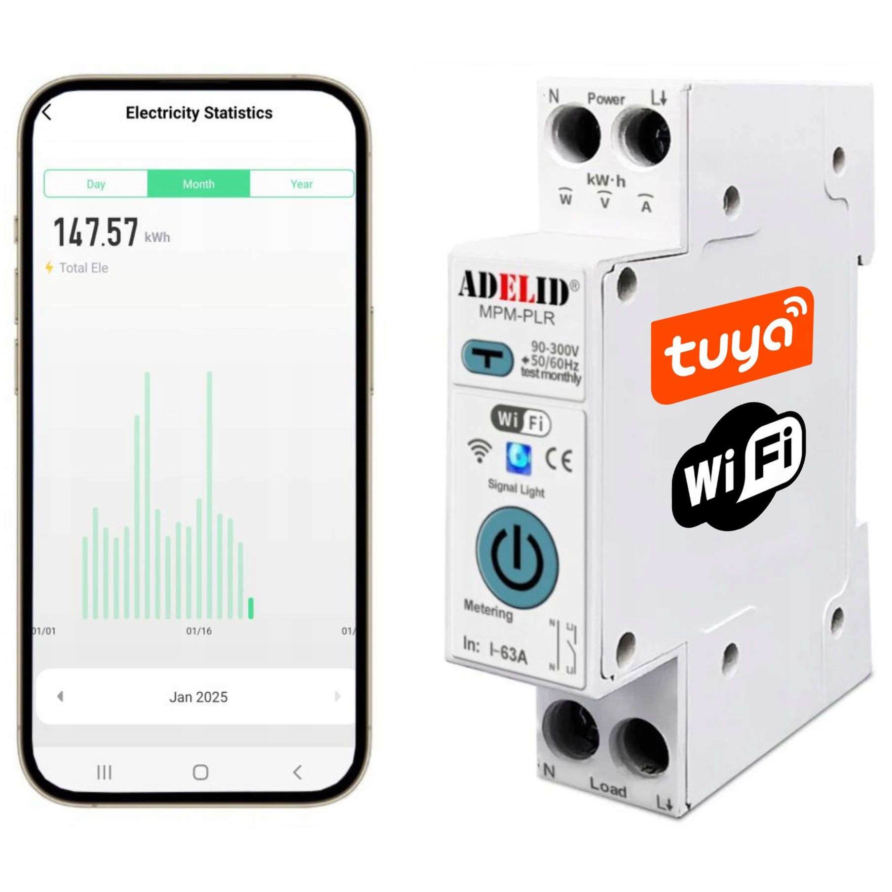 Wyłącznik Różnicowo-prądowy Różnicówka 16A 25A 63A 30mA 1F Wifi Tuya