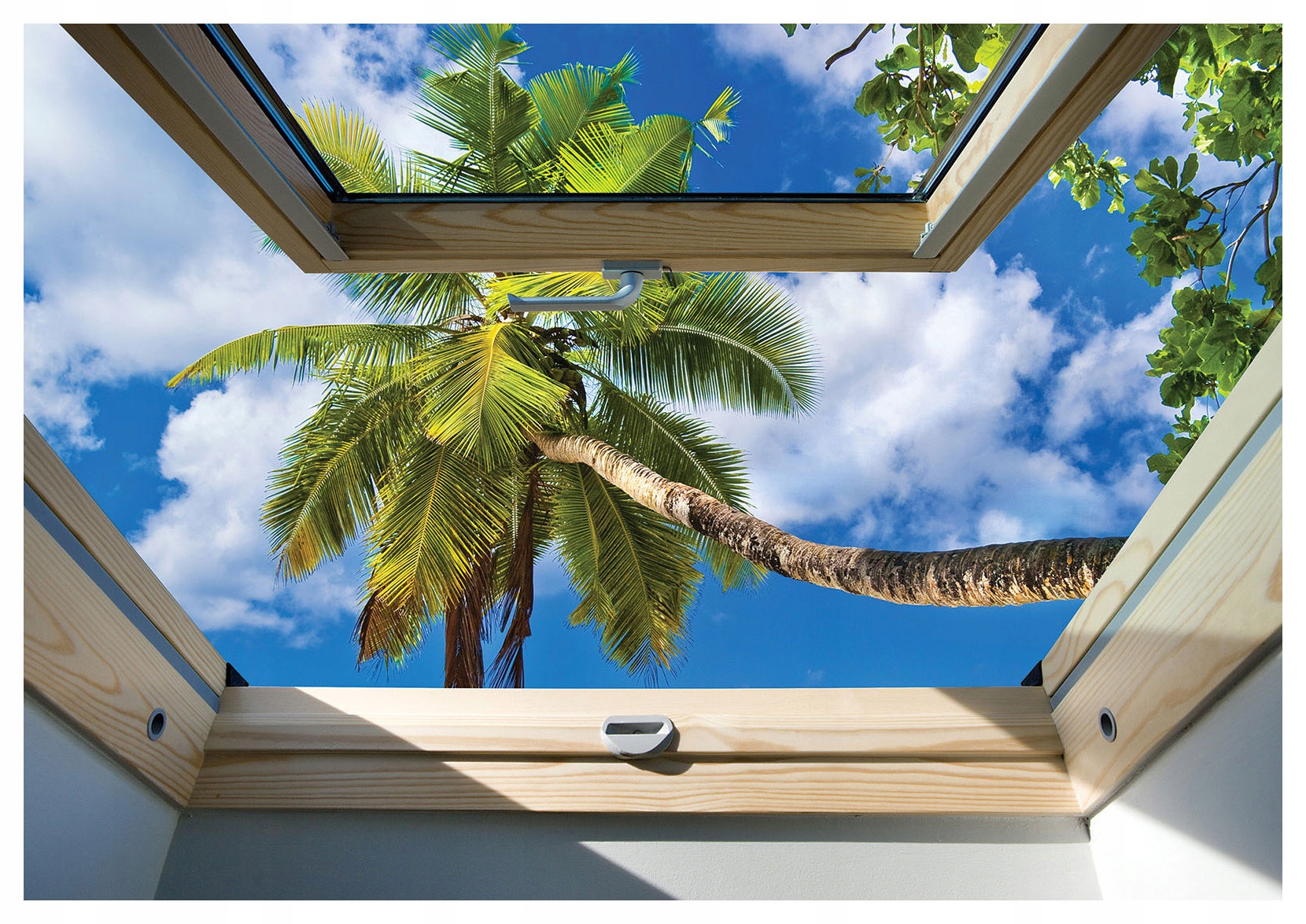 Vliesová fototapeta Palma v okně tropy relax světle modrá 300x210 lepidlo