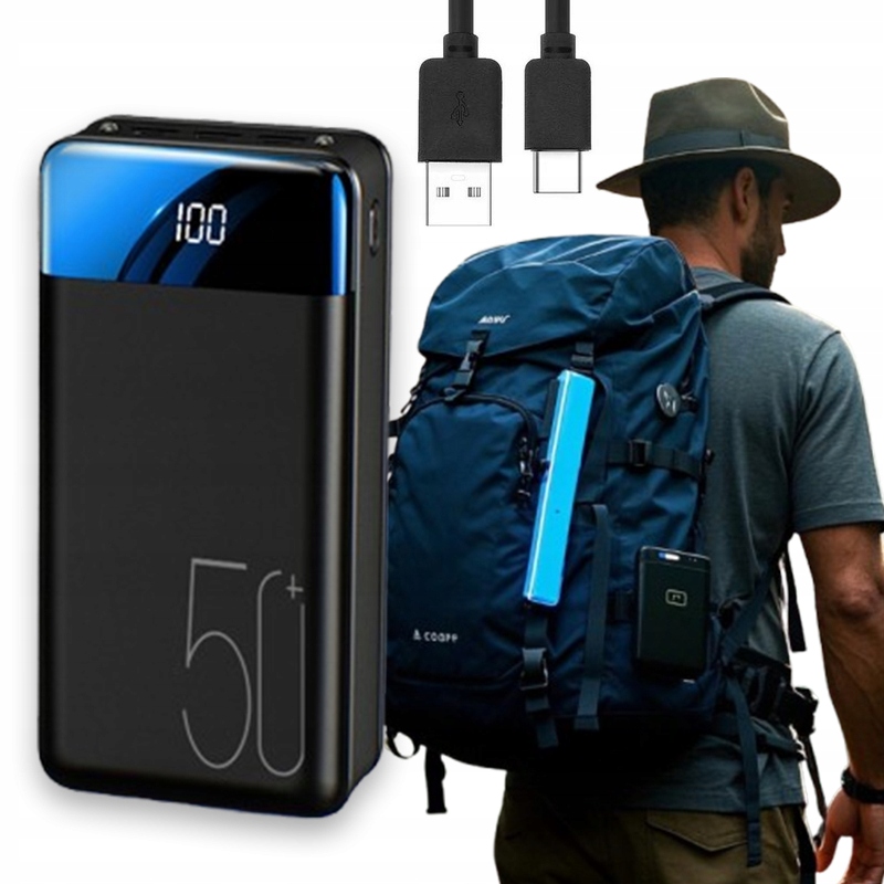 Velká Powerbanka Power Bank 50000 mAh Usb-c Výkonná S Lampou, černá