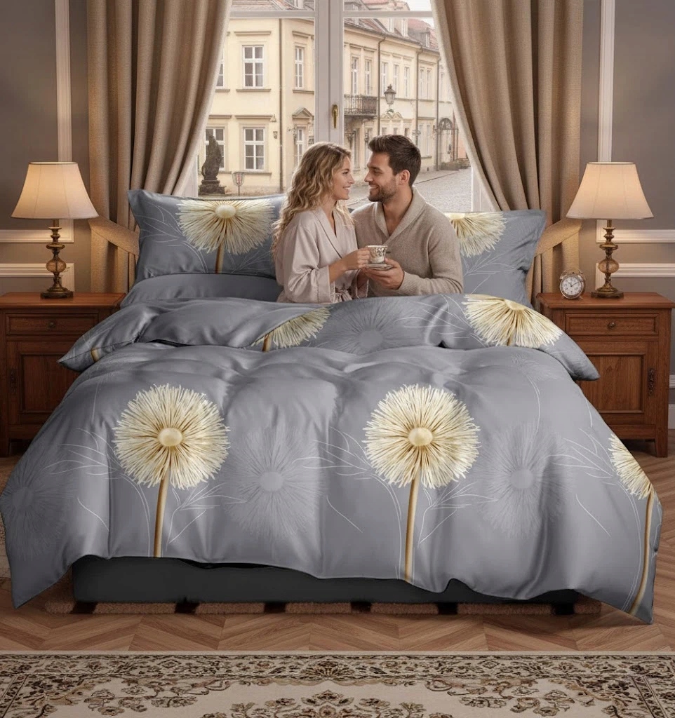 Bavlněná sada ložního prádla šedá s motivem pampelišek pro dvoulůžko 160x200 cm