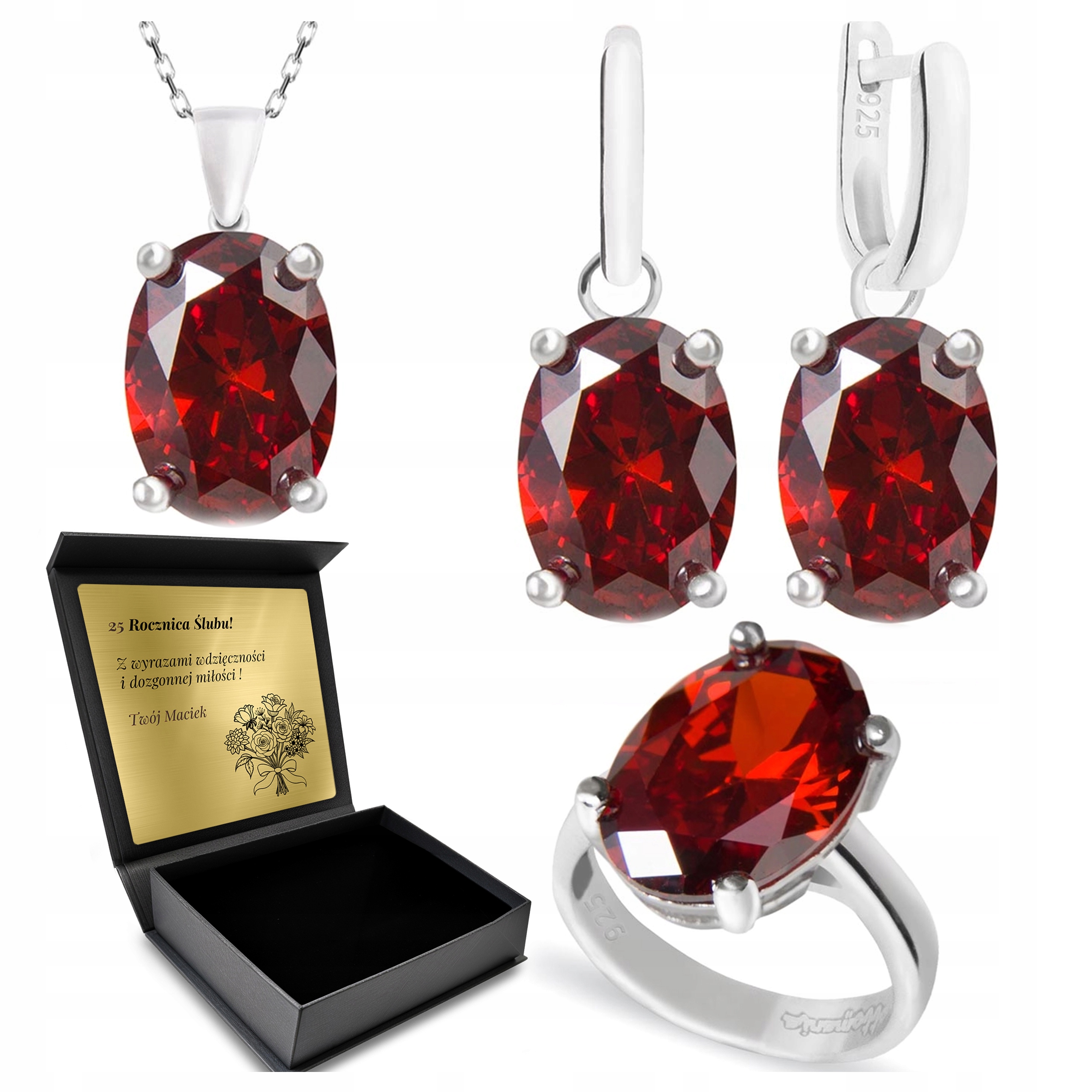 Komplet Stříbrných Šperků 925 S Granátem pro ženy Gravírování Bonus