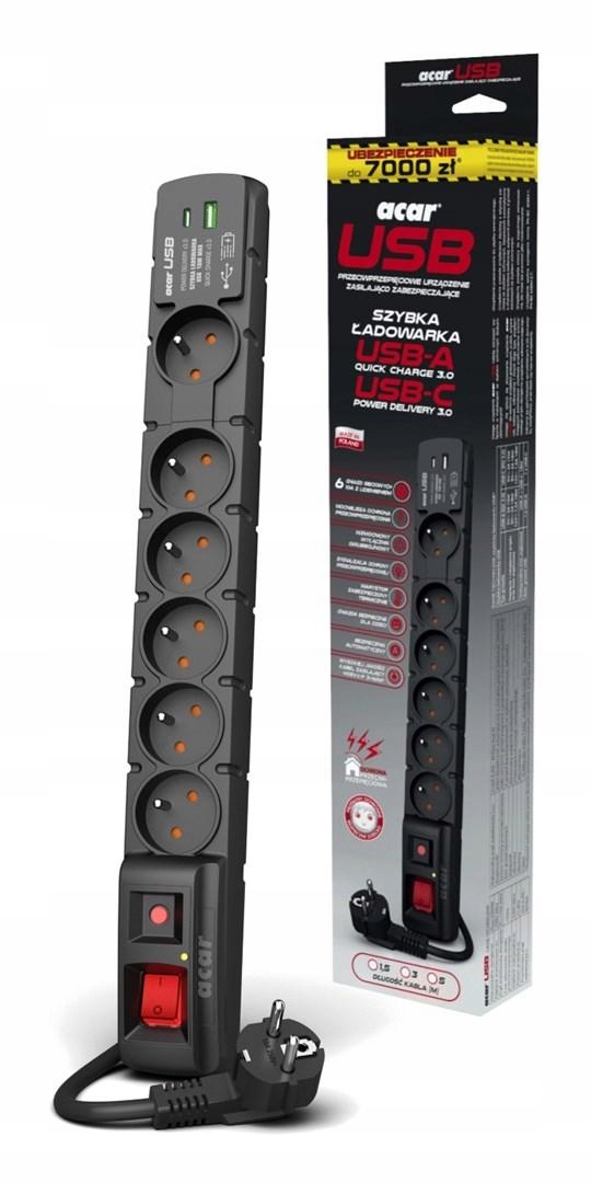 Listwa przeciwprzepięciowa Acar S6 Usb A+c szybka ładowarka 1,5m czarny