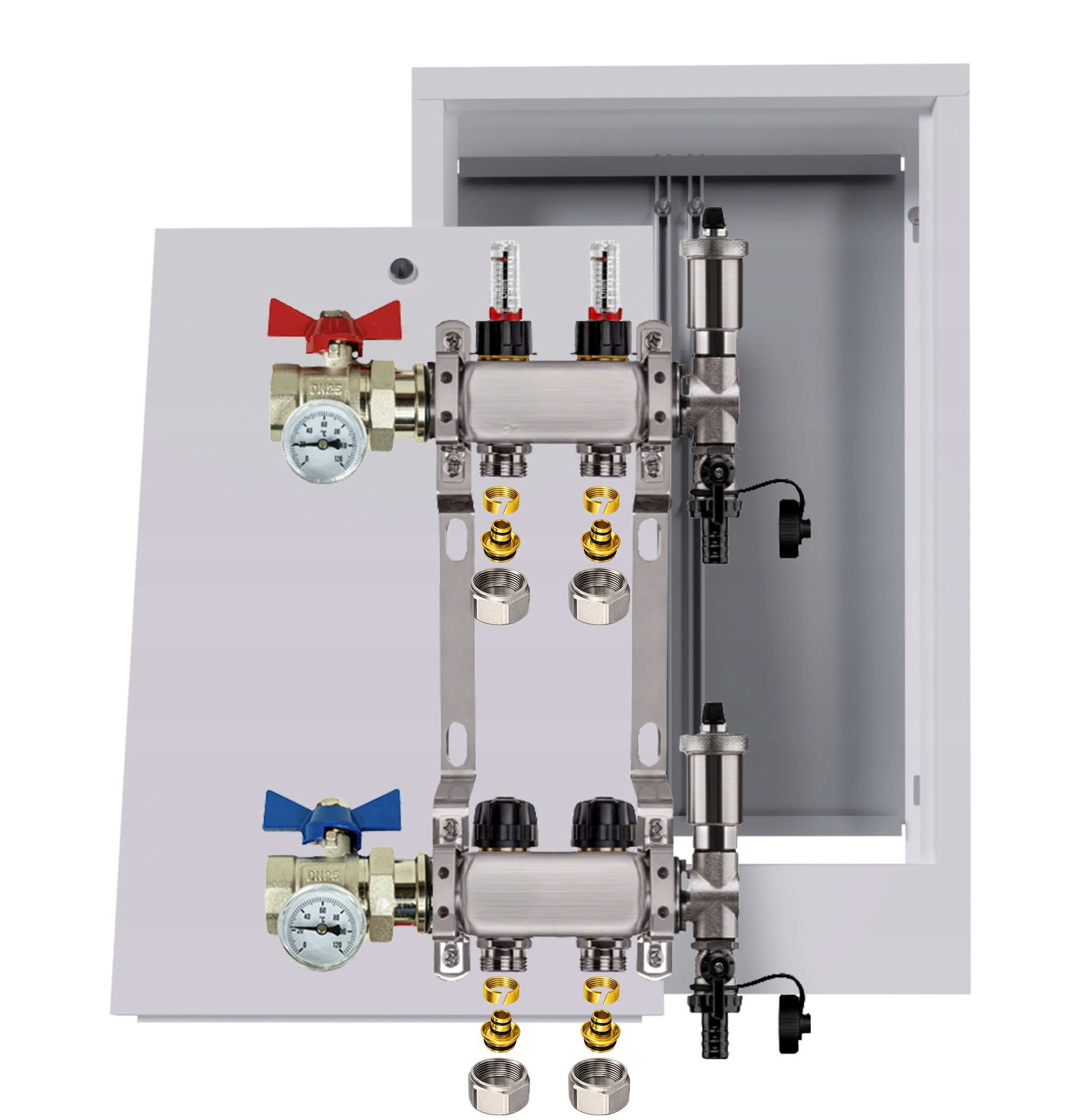 Nerezový rozdělovač podlahových krytin 2 okruhy box ventily Pex