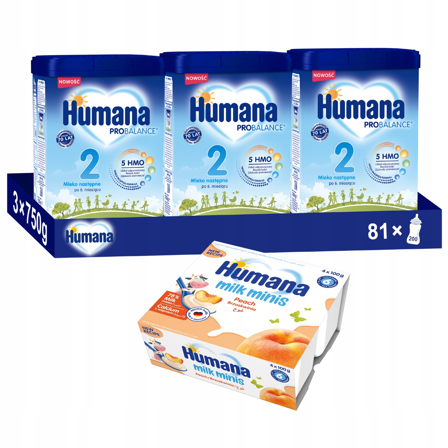 Zestaw Humana 2 5HMO mleko następne po 6 m-cu 3x750g deserek brzoskwinia