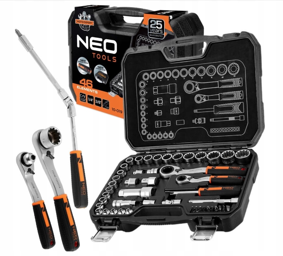Neo Tools Zestaw Nasadek Przelotowych 1/4" 3/8" 46 Szt Walizka 10-019